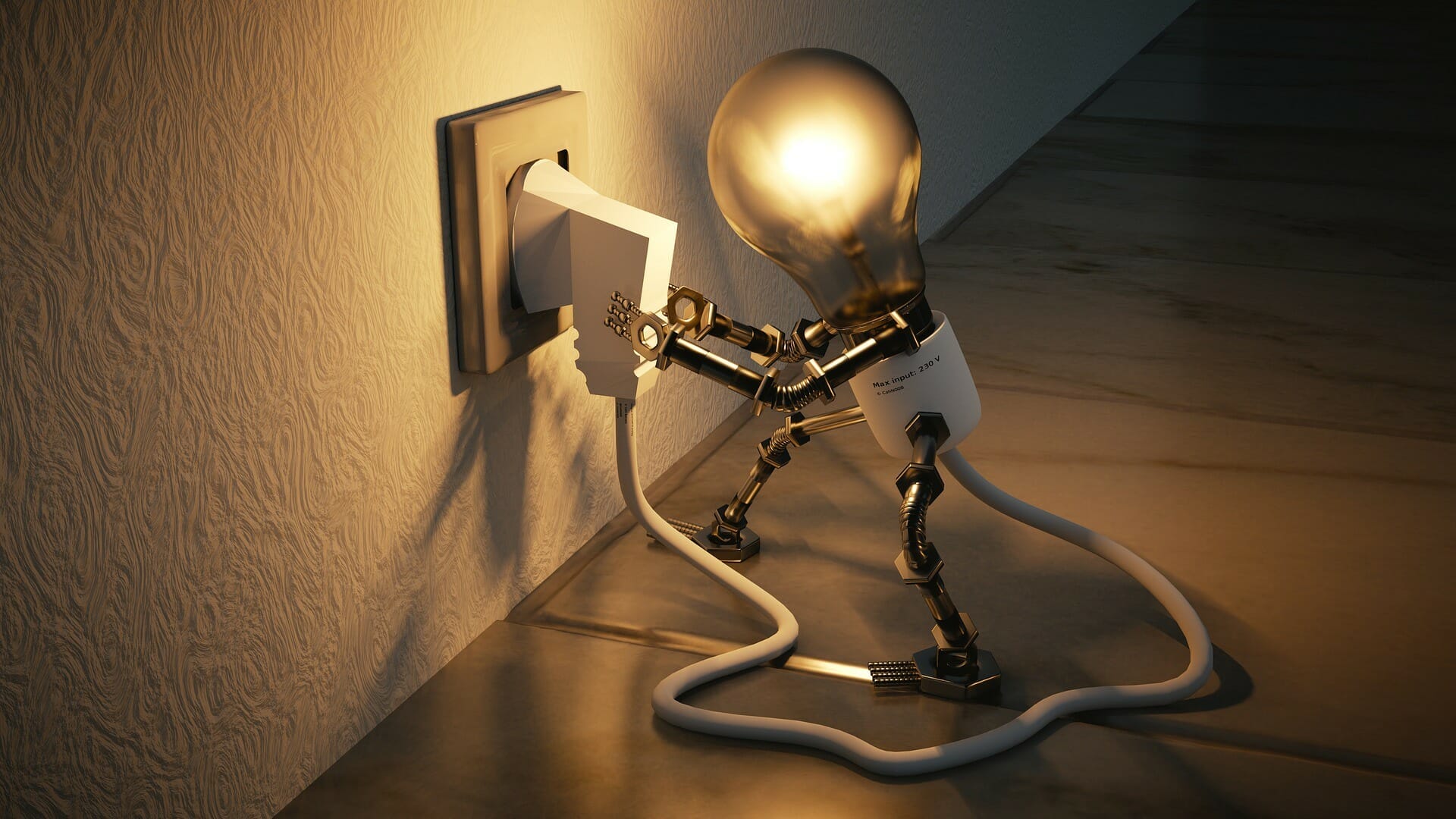 lightbulb with robotic legs and arms plugging itself to the outlet